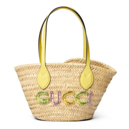 Gucci Mini Straw Tote With Gucci Logo